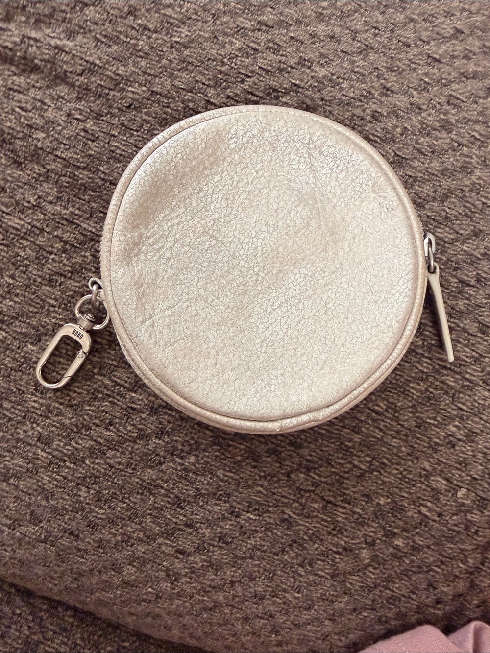 HOBO Metallic Silver Round Coin Pouch with Tan Interior